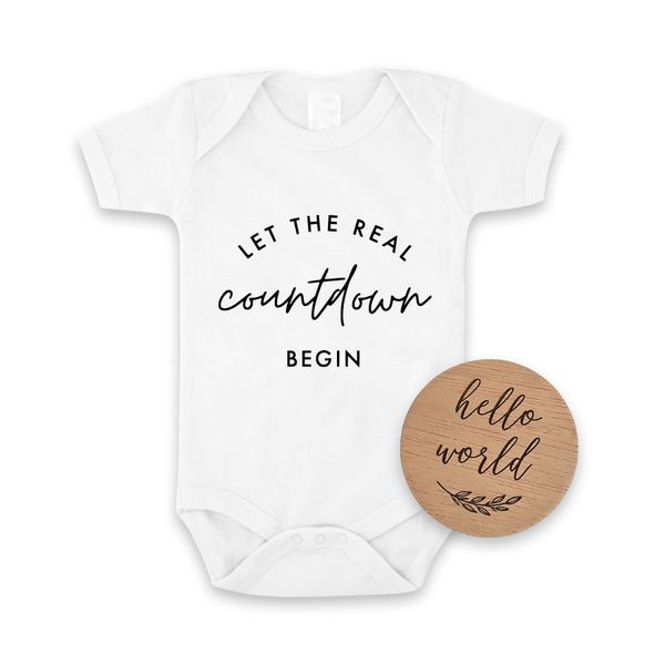 Let the Countdown begin Pregnancy Announcement Onesie &amp; Hello World Disc
