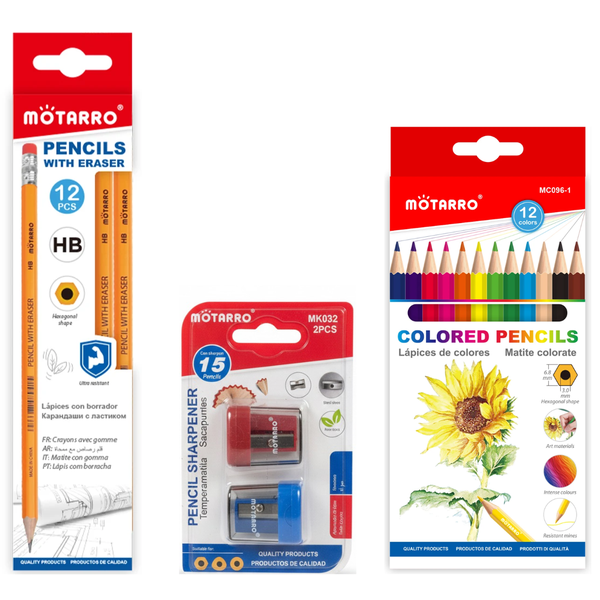 Motarro Stationery Set - 2 Sharpeners, 12 Colour Pencils &amp; 12 HB Pencils