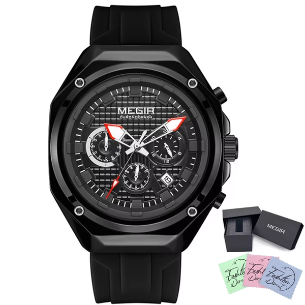 Megir - Men Silicone Strap Chronograph Sport Analogue Watch - Black