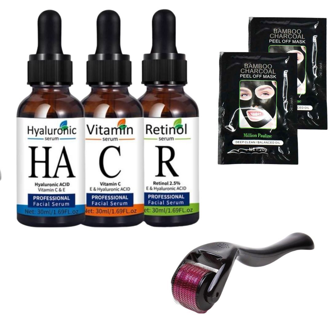 Face Serums Set Hyaluronic Acid Vitamin C Retinol Derma Roller 