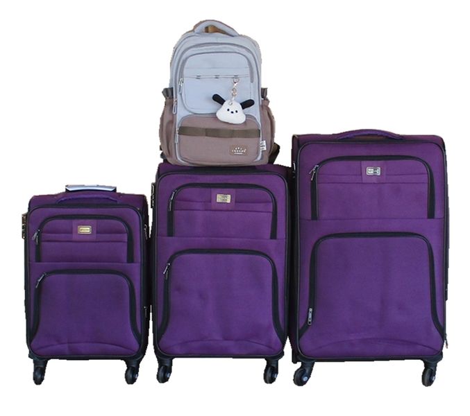 Purple 3-Piece Fabric Luggage Set with Spinner Wheels &amp; Backpack