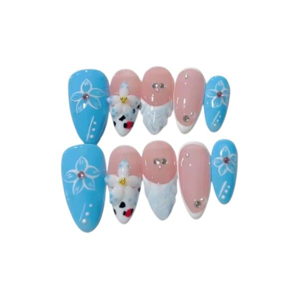 10 Piece - Arctic Bloom French Tip Press-On Nails With 3D Art - Multicolor