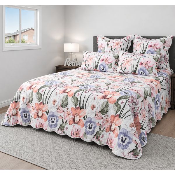 Pierre Cardin -5 Piece Printed Scalloped Quilt Set-260x230cm-Esmeray Floral