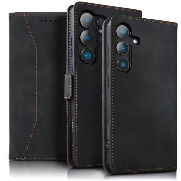 ORRO Vegan Leather Wallet Case for Samsung S25/Plus/Ultra - Black Cover