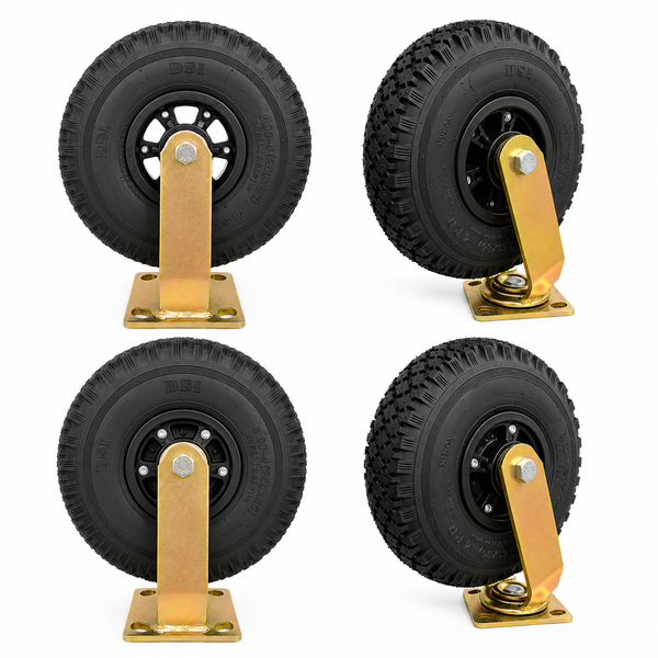 260mm Pneumatic Rubber Castor - Inflatable Wheel - 2 Swivel + 2 Fixed Set