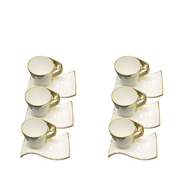 12 pcs Ceramic Wavy Cup and Saucer with Rim Gold