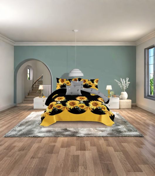 Black, Yellow Polyester Sun Flowers All tc Duvet Cover