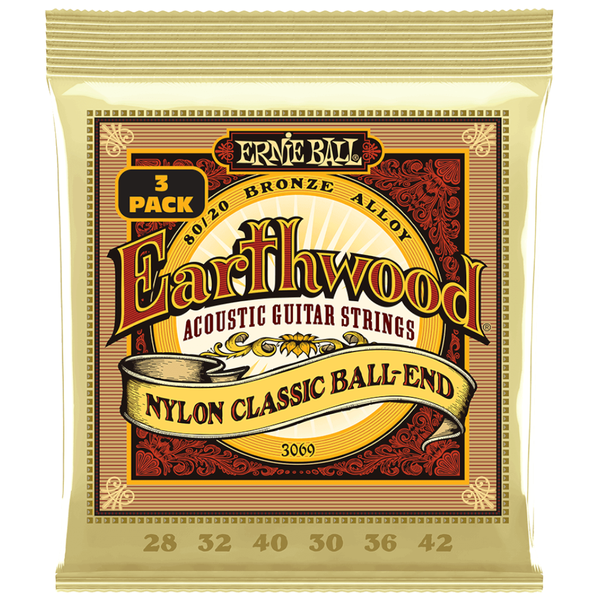 Ernie Ball 3069 - Earthwood Nylon Clear &amp; Gold w/Ball End - 3-Pack