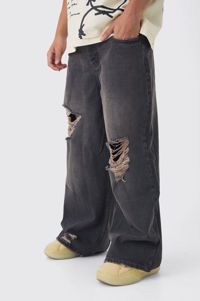 boohooMAN - Men's Extreme Baggy Ripped Pink Tint Jeans - Grey