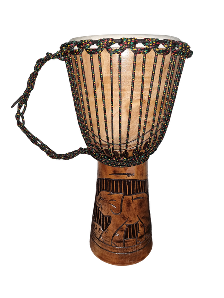 Djembe Hand Drum Two Elephants Carved 30cm x 60cm