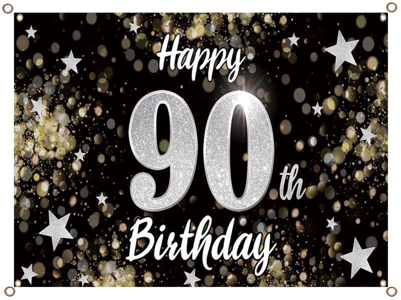 Happy 90th Birthday Banner PVC Silver and Black 1.3MX900MM