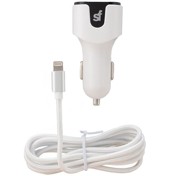 Superfly 3.4A Dual USB Car Charger with Lightning Cable - White