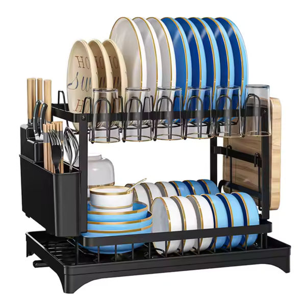 2-Tier Dish Drying Rack with Cutlery Holder &amp; Drain Tray