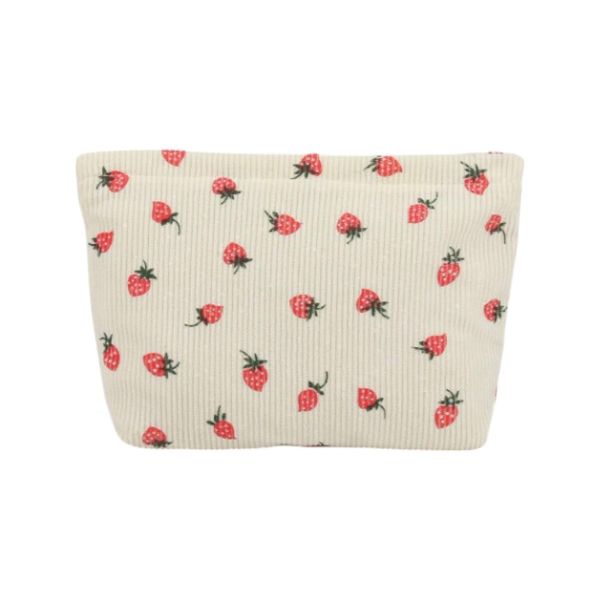 Cartoon Strawberry Printed Corduroy Cosmetic Makeup Bag - White/Red