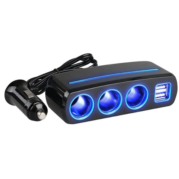 120W Car Charger Adapter With 3 Sockets, 2 USB Ports, LED Display - 12/24V