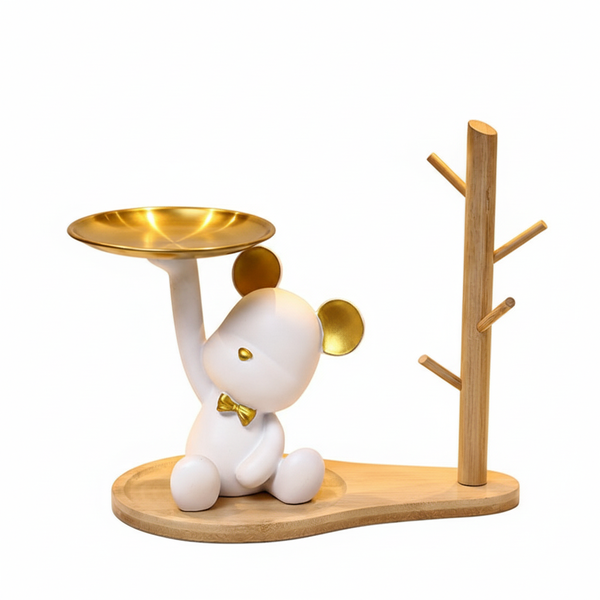 Elegant Bear Key and Jewellery Tray with Wooden Stand - White