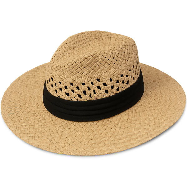 Wide Brim Straw Sun Hat with Coloured Band - Summer Beach Fedora