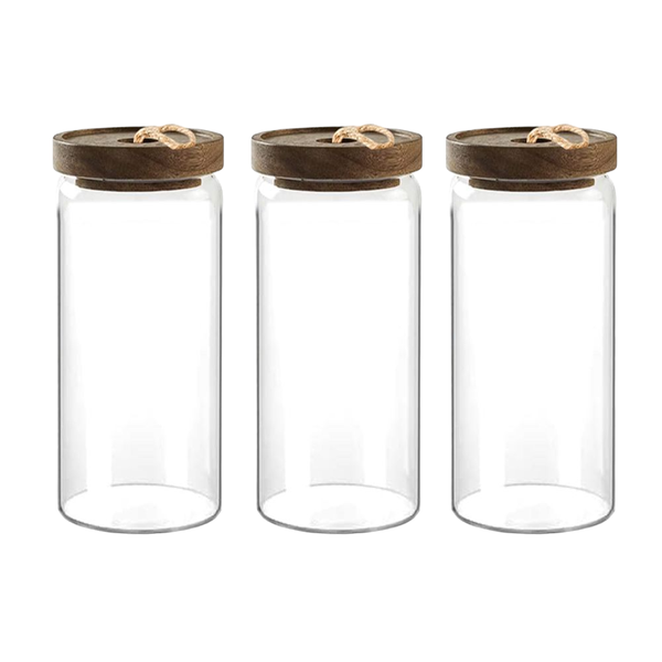 Danny home Acacia Wood Lid Glass Storage Jar - 1300ml - Set of 3