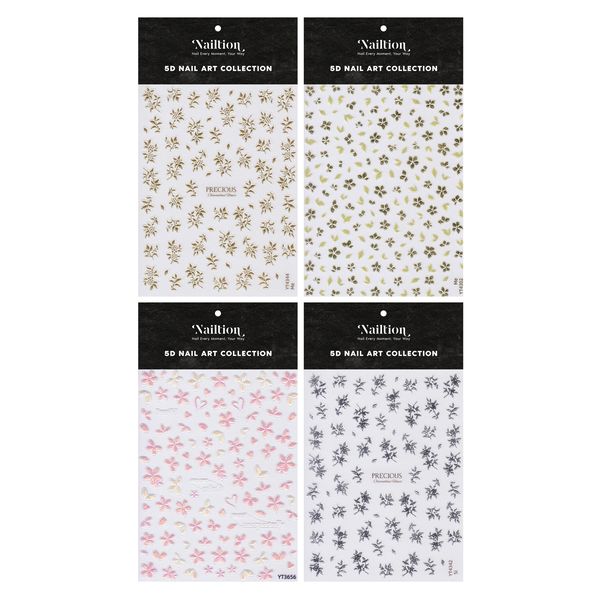 Nailtion 3D Embossed, Gold &amp; Silver Nail Art Stickers - 3D Mixed Pedals