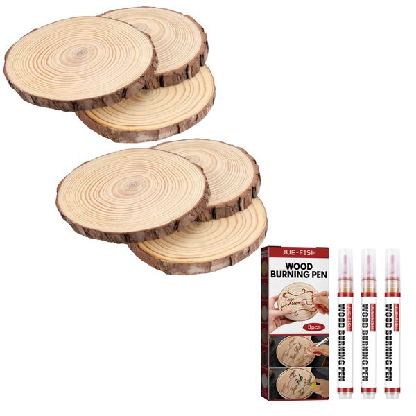 Craft Wooden Circles Tree Bark Slice 6 pc (12cm) &amp; 3 Wood Burning Pens
