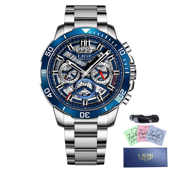 LIGE - Men Luxury Chronograph Stainless Steel Sport Analogue Watch