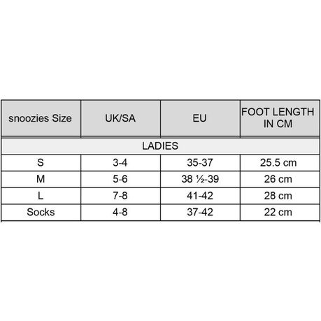 Snoozies best sale size chart