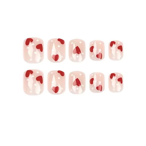 Minimalist French Pink Polka Dot False Nail Art With Heart Design