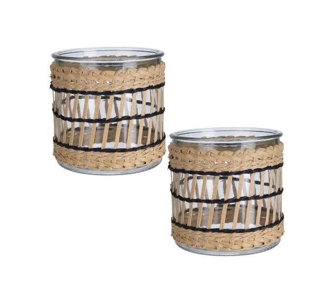 2Piece Glass Candle Holder With Paper Rope Weave - 12x12cm