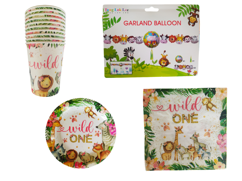 Wild One Animal Party Decor Combo - Pink and Green - Set of 44