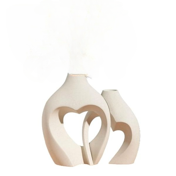 Set of 2 White Ceramic Heart-Shaped Vases, Nordic Style,
