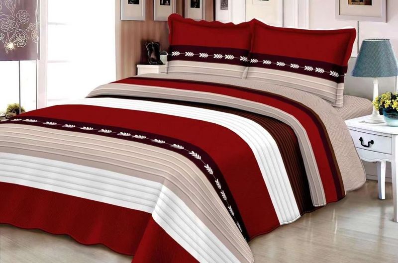 5 Piece Red &amp; White Lined Quilt Bedspread Set