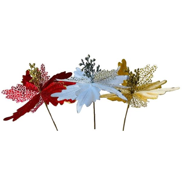 Christmas Decorations - Glitter Artificial Christmas Flowers (Set of 3)