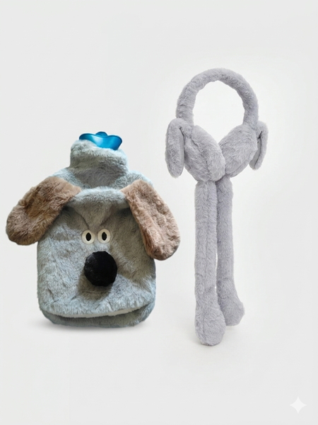 Plush Dog Hot Water Bottle and Moving Ear Puppy Earmuffs
