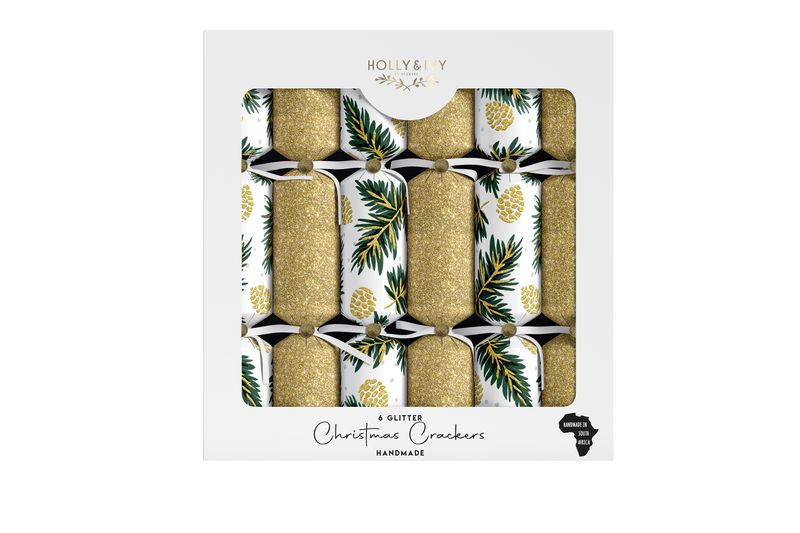 Holly &amp; Ivy Christmas Crackers - Luxury Glitter Gold Pinecones &amp; Sprigs
