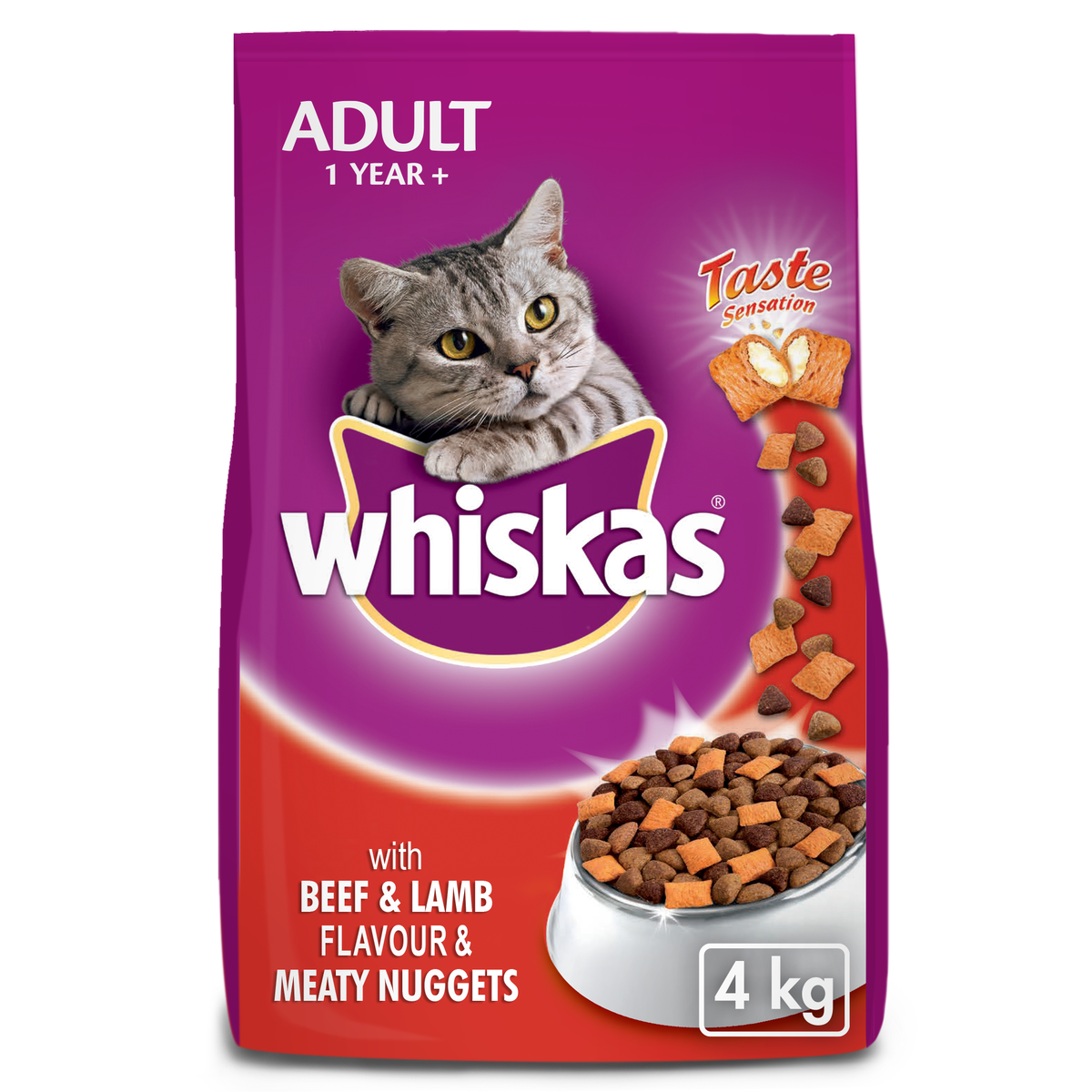 Whiskas Dry Cat Food for Adult Cats with Beef & Lamb & Rabbit 4kg