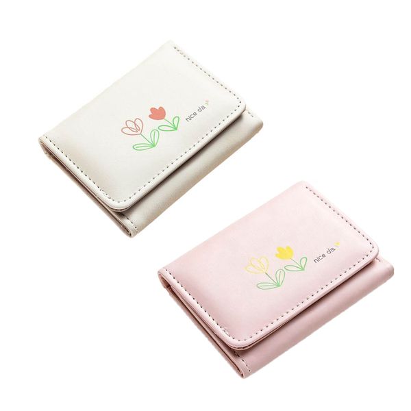 Cute Flower Print Wallet Small Tri-Folded Coin Purse with ID Window -2Piece