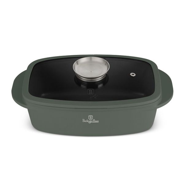 Berlinger Haus Roaster with Glass Lid &amp; Aroma Knob- Ø32 cm - 6L Matt Green