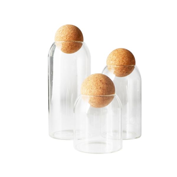 Set of 3 Glass Jar Round Ball Cork Container