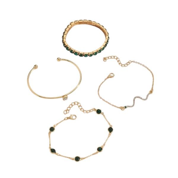 4-Piece Elegant Green Gemstone Bracelet Set - Gold