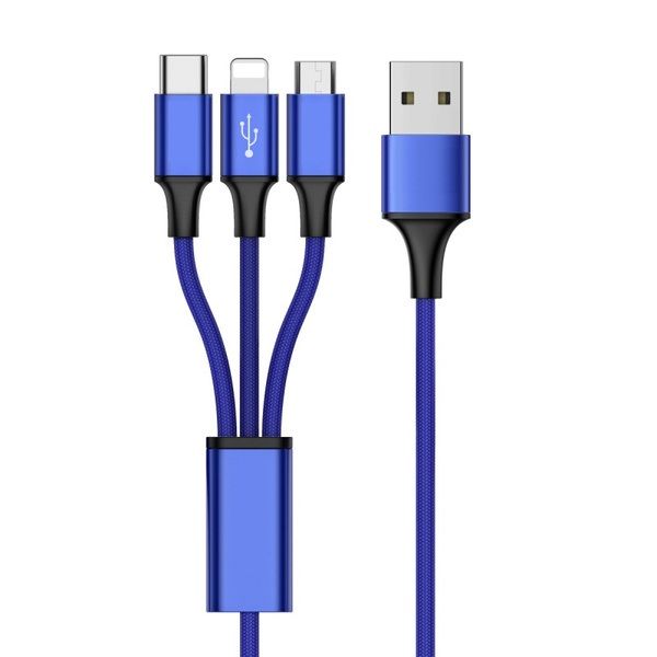 Cell Phone Charger Cable - Nylon Braided 3 in 1 USB 3.0 fast charging Blue