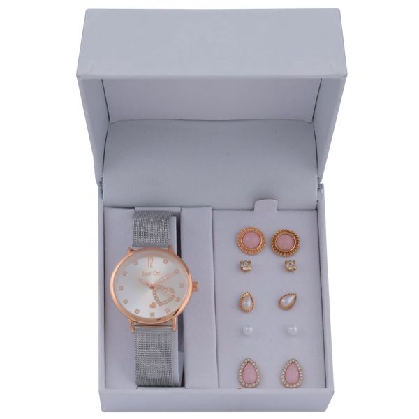 Bad Girl TT Mesh Heart Watch and Earring Set - Silver-Rosegold