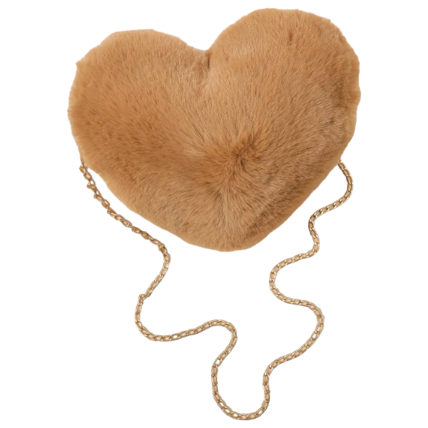 Heart-Shaped Fluffy Shoulder Bag with Gold Metal Chain - Brown