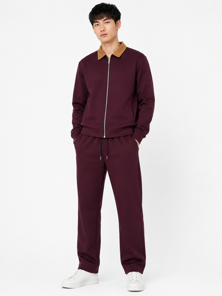 Premium Cotton Tracksuit Set with Tan Collar Jacket and Pants - Maroon