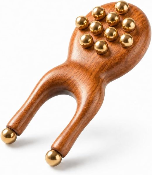 Wooden Jaw Massage Tool with Brass Pressure Point Beads