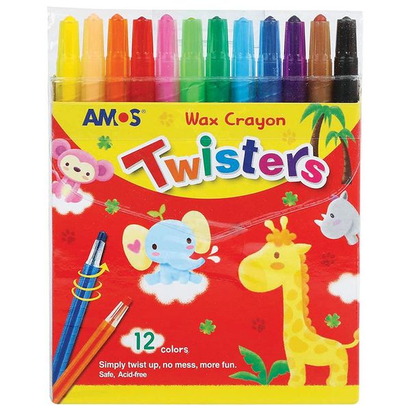 Amos Twisters Retractable Wax Crayons, 12 Colours (Pack of 10)