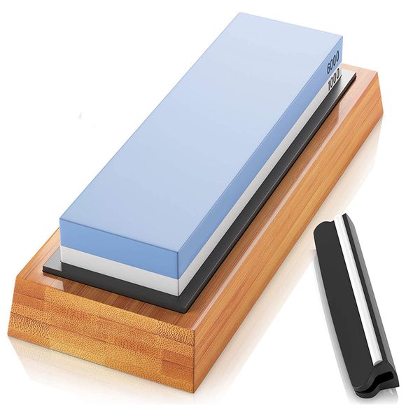 Whetstone Knife Sharpener 1000/6000 Grit with Bamboo Base and Angle Guide