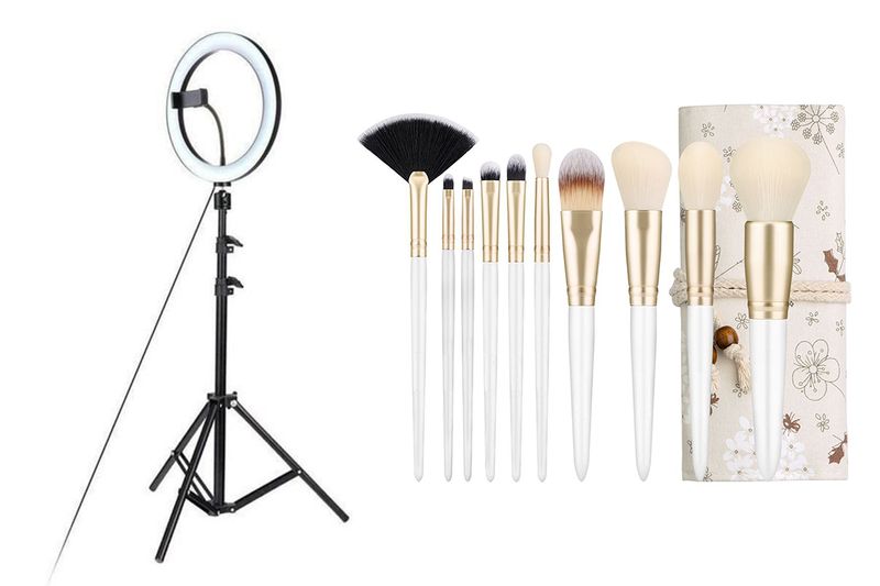 Everglitz LED Light Ring with Tripod and Floral 10pc Brush Set Combo -White