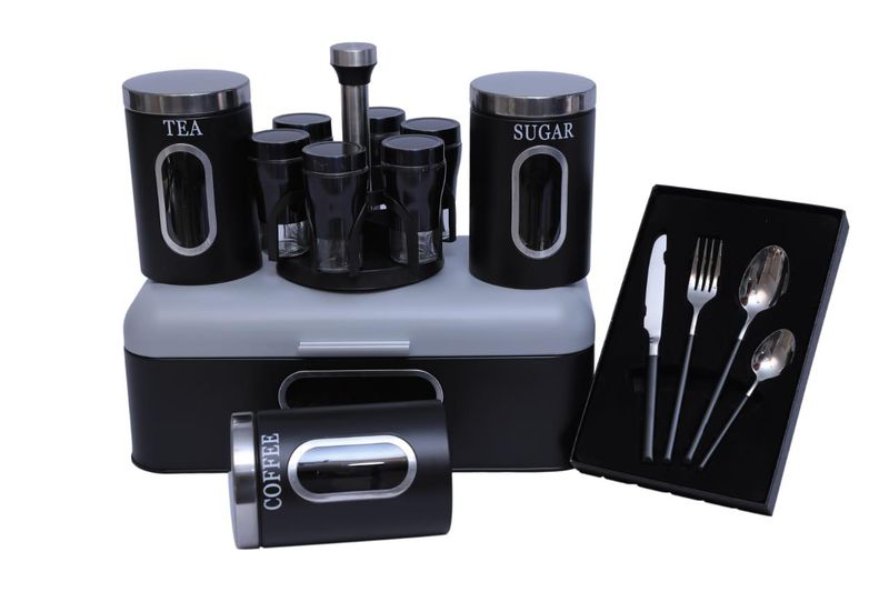 Bread Bin with 3 Canister Set, 7 Spice Jars &amp; Flatware Cutlery Set - Black
