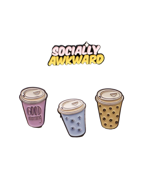 Boba Tea Coffe Cup and Socially Awkward Statement Jacket Pin Set