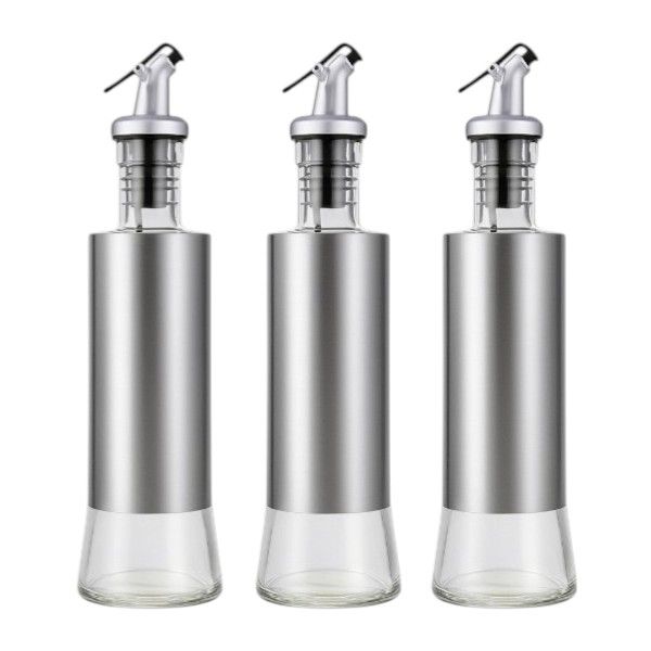 3 Pack - Stainless Steel And Glass Oil Dispenser Bottle